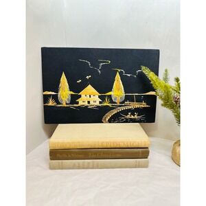 Vintage Rice Straw Art Landscape Village Scene Black Fabric Folk Art Wall Decor